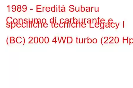 1989 - Eredità Subaru
Consumo di carburante e specifiche tecniche Legacy I (BC) 2000 4WD turbo (220 Hp)