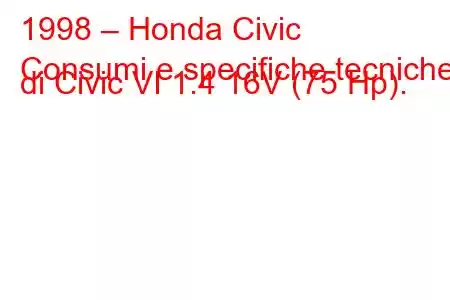 1998 – Honda Civic
Consumi e specifiche tecniche di Civic VI 1.4 16V (75 Hp).