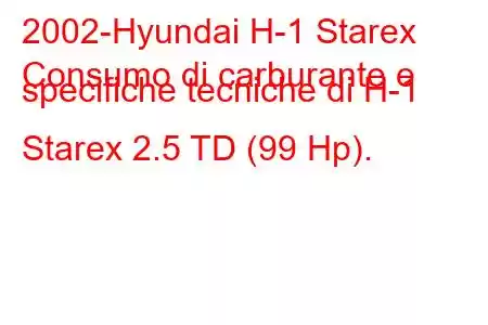 2002-Hyundai H-1 Starex
Consumo di carburante e specifiche tecniche di H-1 Starex 2.5 TD (99 Hp).