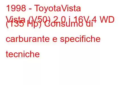 1998 - ToyotaVista
Vista (V50) 2.0 i 16V 4 WD (135 Hp) Consumo di carburante e specifiche tecniche