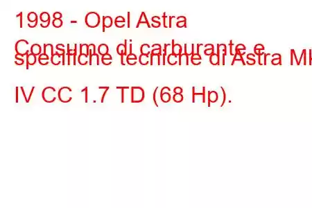 1998 - Opel Astra
Consumo di carburante e specifiche tecniche di Astra Mk IV CC 1.7 TD (68 Hp).