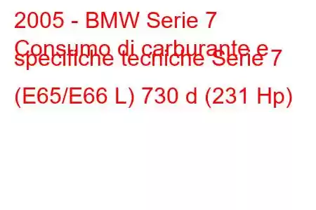 2005 - BMW Serie 7
Consumo di carburante e specifiche tecniche Serie 7 (E65/E66 L) 730 d (231 Hp)