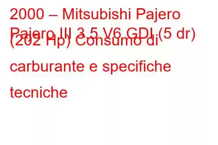 2000 – Mitsubishi Pajero
Pajero III 3.5 V6 GDI (5 dr) (202 Hp) Consumo di carburante e specifiche tecniche