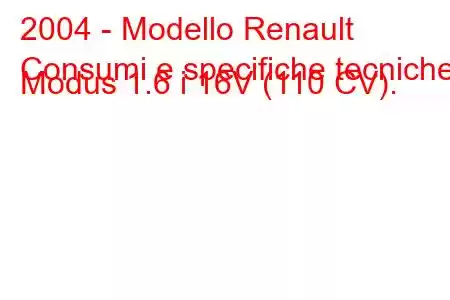 2004 - Modello Renault
Consumi e specifiche tecniche Modus 1.6 i 16V (110 CV).