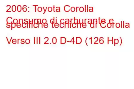 2006: Toyota Corolla
Consumo di carburante e specifiche tecniche di Corolla Verso III 2.0 D-4D (126 Hp)