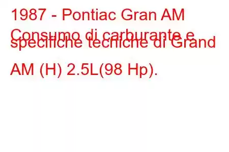 1987 - Pontiac Gran AM
Consumo di carburante e specifiche tecniche di Grand AM (H) 2.5L(98 Hp).