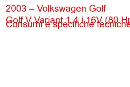 2003 – Volkswagen Golf
Golf V Variant 1.4 i 16V (80 Hp) Consumi e specifiche tecniche