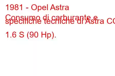 1981 - Opel Astra
Consumo di carburante e specifiche tecniche di Astra CC 1.6 S (90 Hp).