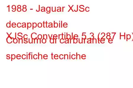 1988 - Jaguar XJSc decappottabile
XJSc Convertible 5.3 (287 Hp) Consumo di carburante e specifiche tecniche