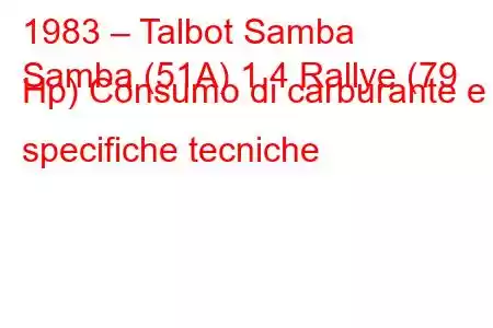 1983 – Talbot Samba
Samba (51A) 1.4 Rallye (79 Hp) Consumo di carburante e specifiche tecniche