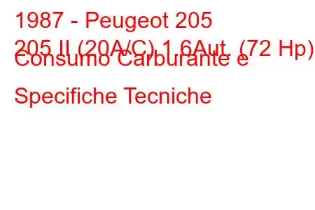 1987 - Peugeot 205
205 II (20A/C) 1.6Aut. (72 Hp) Consumo Carburante e Specifiche Tecniche