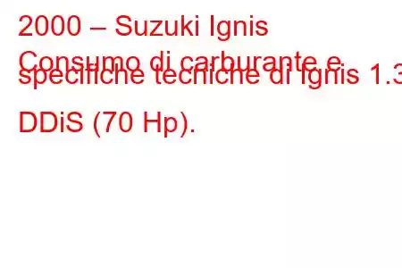 2000 – Suzuki Ignis
Consumo di carburante e specifiche tecniche di Ignis 1.3 DDiS (70 Hp).