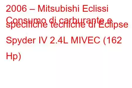 2006 – Mitsubishi Eclissi
Consumo di carburante e specifiche tecniche di Eclipse Spyder IV 2.4L MIVEC (162 Hp)