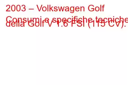 2003 – Volkswagen Golf
Consumi e specifiche tecniche della Golf V 1.6 FSI (115 CV).