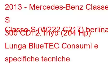 2013 - Mercedes-Benz Classe S
Classe S (W222,C217) berlina 300 CDI 2.1hyb (204 Hp) Lunga BlueTEC Consumi e specifiche tecniche