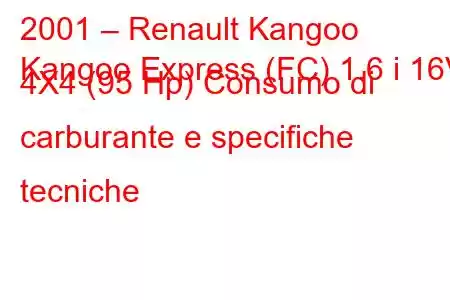 2001 – Renault Kangoo
Kangoo Express (FC) 1.6 i 16V 4X4 (95 Hp) Consumo di carburante e specifiche tecniche