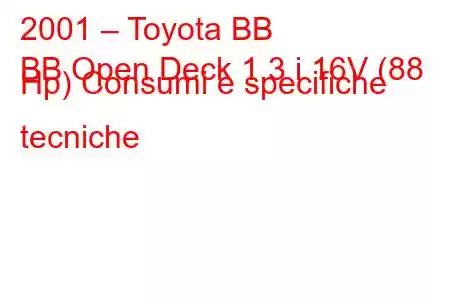 2001 – Toyota BB
BB Open Deck 1.3 i 16V (88 Hp) Consumi e specifiche tecniche