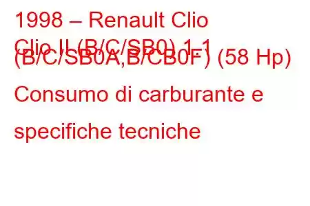 1998 – Renault Clio
Clio II (B/C/SB0) 1.1 (B/C/SB0A,B/CB0F) (58 Hp) Consumo di carburante e specifiche tecniche