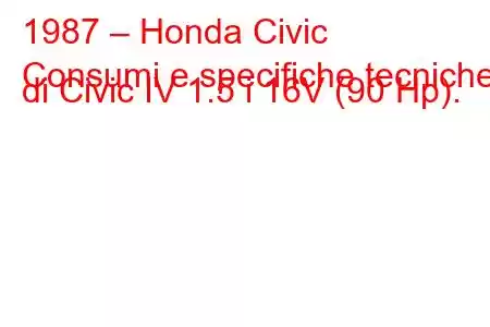 1987 – Honda Civic
Consumi e specifiche tecniche di Civic IV 1.5 i 16V (90 Hp).